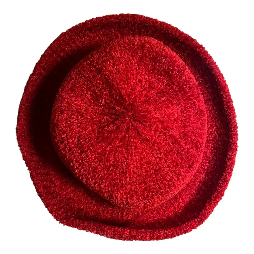 Crazy Horse Liz Claiborne Red Boucle Knit Bucket Hat Vintage Textured Cloche‎